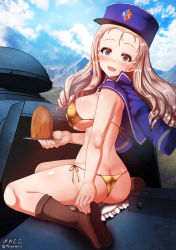 Rule 34 | 1girl, ass, bc freedom military uniform, bikini, blush, boots, breasts, butt crack, food, girls und panzer, green eyes, hat, highres, large breasts, looking at viewer, marie (girls und panzer), megadeko, military, military uniform, military vehicle, motor vehicle, open mouth, outdoors, pudding, side-tie bikini bottom, smile, solo, swimsuit, tank, uniform, yellow bikini