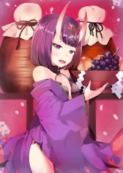 Rule 34 | 1girl, 714 (leg200kr), :d, bare shoulders, bob cut, eyebrows, fangs, fate/grand order, fate (series), food, fruit, grapes, horns, japanese clothes, kimono, looking at viewer, oni, open mouth, purple eyes, purple hair, short hair, shuten douji (fate), skin-covered horns, smile, solo, wide sleeves