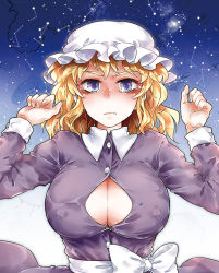 Rule 34 | 1girl, bad id, bad pixiv id, blonde hair, blush, bow, breasts, bursting breasts, cleavage, constellation, dress, covered erect nipples, hat, kikuichi monji, large breasts, long sleeves, looking at viewer, maribel hearn, messy hair, mob cap, night, popped button, purple dress, purple eyes, sash, short hair, sleeves rolled up, solo, star (sky), team shanghai alice, tears, touhou, unbuttoned, wardrobe malfunction, wing collar