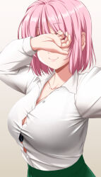 Rule 34 | 1girl, breasts, buttons, cleavage, closed mouth, collarbone, collared shirt, cosplay, covering own eyes, gradient background, green skirt, highres, konpaku youmu, konpaku youmu (cosplay), large breasts, long sleeves, nori tamago, pink eyes, pink hair, saigyouji yuyuko, shirt, short hair, skirt, smile, solo, touhou, upper body, white shirt
