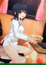 Rule 34 | 1girl, :d, absurdres, aoyama sumika, apron, black hair, blush, bowl, brown eyes, calendar, christmas, christmas tree, coffee-kizoku, collar, curtains, dress shirt, from side, gloves, highres, holding, indoors, kneehighs, kotatsu, long sleeves, looking at viewer, mittens, nabe, no pants, non-web source, open mouth, original, oven mitts, panties, pillow, ribbon, shirt, short hair, sitting, smile, socks, solo, steam, table, tree, underwear, white panties, white shirt, window