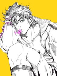 1boy, alternate costume, arm ribbon, battle tendency, bubble blowing, buckle, chewing gum, chinese commentary, collarbone, commentary request, green eyes, hand on own head, head rest, highres, jacket, jojo no kimyou na bouken, joseph joestar (young), looking away, looking to the side, male focus, monochrome, multiple sources, ribbon, shin strap, short hair, shorts, sideways glance, simple background, solo, spot color, watch, wristwatch, xing xiao, yellow background