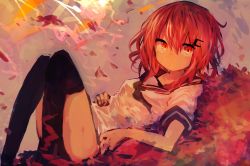 Rule 34 | 1girl, absurdres, autumn, autumn leaves, commentary request, hair ornament, hairclip, highres, ikazuchi (kancolle), kaamin (mariarose753), kantai collection, looking at viewer, lying, no eyebrows, no pants, on back, over-kneehighs, red eyes, red hair, school uniform, serafuku, short sleeves, solo, thighhighs