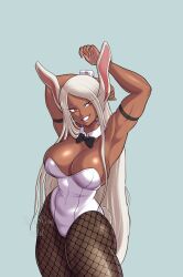 Rule 34 | 1girl, animal ears, arm above head, arm behind head, arm strap, armpits, arms up, artist name, black bow, black bowtie, black pantyhose, blue background, boku no hero academia, bow, bowtie, breasts, cleavage, collar, cowboy shot, dark-skinned female, dark skin, detached collar, eyebrows, eyelashes, female focus, fishnet pantyhose, fishnets, grin, highres, huge breasts, leotard, long hair, mirko, muscular, muscular female, pantyhose, playboy bunny, rabbit ears, rabbit girl, rabbit tail, red eyes, simple background, smile, solo, standing, strapless, strapless leotard, tail, teeth, thick thighs, thighs, very long hair, watermark, white collar, white hair, white leotard, white wrist cuffs, wide hips, wrist cuffs, xelaroseart