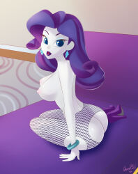 Rule 34 | 1girl, absurdres, ass, bracelet, breasts, commission, earrings, fishnet pantyhose, fishnets, glamourpink, hasbro, high heels, highres, jewelry, looking at viewer, my little pony, my little pony: equestria girls, my little pony: friendship is magic, nipples, pantyhose, purple lips, rarity (my little pony), sitting