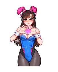 Rule 34 | 1girl, animal ears, bare shoulders, blushyspicy, breasts, brown eyes, brown hair, cleavage, d.va (overwatch), detached collar, facepaint, facial mark, fake animal ears, heart, heart hands, leotard, long hair, looking at viewer, medium breasts, outline, overwatch, pantyhose, playboy bunny, rabbit ears, shiny clothes, smile, solo, strapless, strapless leotard, undercut, whisker markings, white outline, wrist cuffs