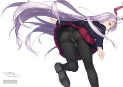 Rule 34 | 1girl, animal ears, ass, bent over, black pantyhose, blazer, extra ears, from behind, jacket, leg up, loafers, long hair, looking at viewer, panties, panties under pantyhose, pantyhose, purple eyes, purple hair, rabbit ears, reisen udongein inaba, rokuwata tomoe, shoe soles, shoes, simple background, skirt, solo, thighband pantyhose, touhou, underwear, very long hair, white background, white panties