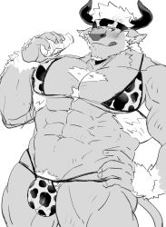 Rule 34 | 1boy, :q, abs, animal ears, animal print, bara, blush, bottle, bra, bulge, chest hair, covered erect nipples, cow ears, cow horns, cow print, cow tail, crossdressing, feet out of frame, furry, furry male, greyscale, gumiten, headband, highres, horns, large pectorals, looking at viewer, male focus, male pubic hair, mature male, milk bottle, minotaur, monochrome, muscular, muscular male, navel, nipples, panties, pectoral cleavage, pectorals, print bra, print panties, pubic hair, pubic hair peek, shennong (housamo), short hair, sideburns, sidepec, solo, stomach, tail, thick thighs, thighs, tokyo houkago summoners, tongue, tongue out, underwear, underwear only, unfinished
