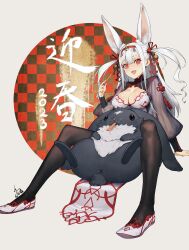 Rule 34 | 1girl, 2023, absurdres, animal, animal ear fluff, animal ears, arm support, bell, black pantyhose, border, breasts, carrot, checkered background, chinese zodiac, chyko7080, cleavage, commentary, dress, eating, eyeshadow, full body, grey border, grey sleeves, hair bell, hair ornament, hair ribbon, hand up, highres, holding, holding carrot, invisible chair, jingle bell, large breasts, long sleeves, looking at viewer, makeup, open mouth, original, outside border, oversized animal, pantyhose, pelvic curtain, puffy long sleeves, puffy sleeves, rabbit, rabbit ears, rabbit girl, red eyes, red eyeshadow, red ribbon, red trim, ribbon, shrug (clothing), sidelocks, sitting, smile, solo, spread legs, tassel, translation request, two side up, white dress, white footwear, white hair, x anus, year of the rabbit