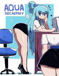 Rule 34 | 1girl, absurdly long hair, alternate costume, aqua (konosuba), artist name, ass, ass focus, bad tag, belt, bent over, black skirt, blue eyes, blue hair, blush, bow, breast press, breasts, chain, chair, closed mouth, desk, dress shirt, english text, eyebrows, eyebrows hidden by hair, from behind, from side, hair between eyes, hair ornament, hand on own face, heart, high heels, hourglass, kono subarashii sekai ni shukufuku wo!, large breasts, leg focus, long hair, long legs, looking at viewer, multiple views, no socks, office chair, office lady, paper, paperwork, pile of paper, shiny skin, shirt, shoes, short sleeves, simple background, skirt, smile, smirk, smug, smug smile, speech bubble, standing, swivel chair, thick thighs, thighs, tony welt, very long hair, wide hips