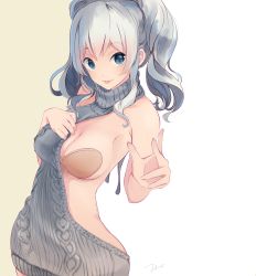 Rule 34 | 10s, 1girl, :p, alternate costume, armpits, backless outfit, bare arms, bare shoulders, blue eyes, bra, breasts, cleavage, closed mouth, clothing aside, clothing cutout, collarbone, commentary request, gradient background, grey sweater, highres, kantai collection, kashima (kancolle), long hair, looking at viewer, medium breasts, meme attire, no headwear, orange bra, side cutout, sidelocks, silver hair, sleeveless, smile, solo, strapless, strapless bra, sweater, tareme, tebi (tbd11), tongue, tongue out, turtleneck, turtleneck sweater, twintails, underwear, virgin killer sweater