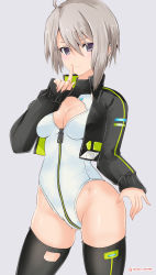 Rule 34 | 1girl, absurdres, ahoge, alice gear aegis, black hair, black jacket, black thighhighs, booth babe, circle cutout, commentary request, cropped jacket, grey background, heattech leotard, highleg, highleg leotard, highres, jacket, leotard, murao mira, rasen manga, shoes, silver hair, simple background, solo, standing, thighhighs, turtleneck, twitter username, unworn shoes, white leotard
