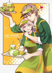 1boy 1girl alternate_costume apron arm_around_neck black_hairband blush caelus_(honkai:_star_rail) collared_shirt cowboy_shot firefly_(honkai:_star_rail) food french_fries green_apron green_hat green_shirt grey_hair hair_between_eyes hair_ornament hairband hat heart highres holding holding_plate honkai:_star_rail honkai_(series) long_hair mikage033 necktie one_eye_closed open_mouth plate shirt sleeves_rolled_up sweatdrop trailblazer_(honkai:_star_rail) two-tone_eyes waitress yellow_eyes yellow_necktie