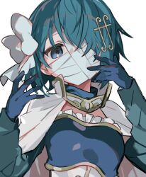 Rule 34 | 1girl, armor, bandaged head, bandages, blue eyes, blue gloves, blue hair, bow, breastplate, cape, commentary request, covered mouth, fortissimo, frills, gloves, hair bow, hair ornament, hairclip, hands up, kanyoko (yuzukano 17), looking at viewer, magical girl, mahou shoujo madoka magica, mahou shoujo madoka magica: walpurgis no kaiten, miki sayaka, musical note, musical note hair ornament, one eye covered, short hair, simple background, solo, upper body, white background, white bow, white cape