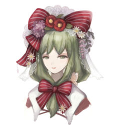 Rule 34 | 1girl, bow, bug, butterfly, echoes (cassandratree), embellished costume, flower, front ponytail, green eyes, green hair, hair bow, hair flower, hair ornament, hinamatsuri, insect, kagiyama hina, lace, light smile, lips, looking at viewer, matching hair/eyes, parted lips, portrait, simple background, solo, touhou, white background