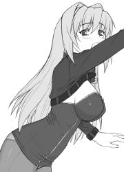 Rule 34 | 1girl, breasts, covered erect nipples, greyscale, large breasts, lisa vixen, long hair, monochrome, no pants, panties, panties under pantyhose, pantyhose, pantyshot, routes, shichimenchou, simple background, solo, underwear