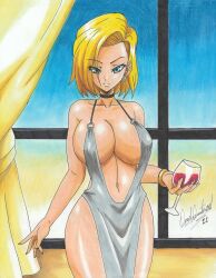 Rule 34 | 1girl, 2021, absurdres, android 18, bare shoulders, blonde hair, blue eyes, breasts, choker, cleavage, clothing cutout, commission, cosplay, cup, curvy, dragon ball, dragonball z, dress, drinking glass, earrings, highres, jewelry, large breasts, navel, navel cutout, ravernclouk design, short hair, solo, st. louis (luxurious wheels) (azur lane) (cosplay), thick thighs, thighs, traditional media, white dress, wide hips, wine glass