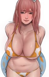 Rule 34 | 1girl, absurdres, bikini, breasts, brown eyes, cleavage, dead or alive, edmun6969, hair ornament, highres, honoka (doa), large breasts, long hair, looking at viewer, parted lips, pink hair, smile, solo, swimsuit