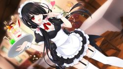 Rule 34 | 10s, 1girl, ;d, alternate costume, apron, black hair, blurry, blush, bow, breasts, cafe, chair, cherry, cleavage, cup, date a live, depth of field, dessert, detached collar, drink, drinking glass, drinking straw, dutch angle, enmaided, eyebrows, feet, female focus, flower, food, frilled apron, frilled thighhighs, frills, fruit, game cg, garter straps, glass, hair ornament, hair over one eye, hair over shoulder, hairband, hands up, happy, heart, heart hair ornament, holding, indoors, light particles, long hair, looking at viewer, maid, maid headdress, medium breasts, miniskirt, one eye closed, open mouth, orange (fruit), orange slice, parfait, pocky, pointing, red eyes, red ribbon, ribbon, short sleeves, skirt, smile, soda, solo, spoken heart, standing, strawberry, table, tablecloth, thighhighs, thighs, tokisaki kurumi, tray, tsunako, twintails, underbust, very long hair, white apron, white thighhighs, zettai ryouiki
