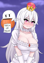 Rule 34 | 1girl, absurdres, blush, breasts, cleavage, collar, crown, dress, english text, frilled collar, frilled dress, frills, ghost, gloves, hair between eyes, highres, large breasts, luigi&#039;s mansion, mario (series), mini crown, nintendo, pale skin, pink eyes, princess king boo, pumpkin, purple background, super crown, the only shoe, tilted headwear, wavy mouth, white dress, white gloves, white hair