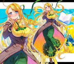 Rule 34 | 1girl, akirannu, arm at side, ascot, blonde hair, blue eyes, book, braid, breasts, brown coat, brown footwear, closed mouth, coat, collared shirt, dress, frilled dress, frills, gradient coat, green ascot, green ribbon, green skirt, hair ribbon, hand up, high-waist skirt, highres, large breasts, letterboxed, long hair, long skirt, long sleeves, looking at viewer, open book, original, outside border, parted bangs, pink coat, ribbon, shirt, skirt, sleeveless, sleeveless shirt, smile, solo, two-sided coat, two-sided fabric, very long hair, yellow coat, yellow shirt, zoom layer