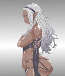 Rule 34 | 1girl, absurdres, arm strap, ass, bikini, bikini bottom only, blush, bonten, breasts, curvy, dark-skinned female, dark elf, dark skin, elbow gloves, elf, elf-san wa yaserarenai., eyelashes, forehead, from side, g-string, gloves, hairband, highres, huge ass, kuroeda (elf-san wa yaserarenai.), lips, long hair, looking at viewer, medium breasts, mole, mole under eye, o-ring, o-ring bottom, parted lips, plump, pointy ears, purple bikini, purple gloves, red eyes, shiny clothes, sideboob, simple background, skindentation, solo, swimsuit, thick thighs, thighs, thong, topless, wavy hair, wide hips