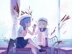 Rule 34 | 2girls, absurdres, bat wings, blonde hair, blood, blood on clothes, blood on face, blood splatter, blue hair, crystal wings, flandre scarlet, full body, highres, mary janes, multiple girls, nepperoni, open mouth, red eyes, remilia scarlet, school uniform, shoes, short hair, sitting, sitting on table, skirt, socks, table, touhou, wings