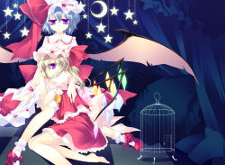 2girls barefoot bat_wings blonde_hair blue_eyes female_focus flandre_scarlet hat motomiya_mitsuki multiple_girls red_eyes remilia_scarlet short_hair siblings sisters touhou wings