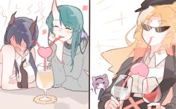 Rule 34 | 4girls, ?, animal ears, arknights, beret, black hairband, black headwear, black jacket, black necktie, blue hair, blush, ch&#039;en (arknights), chinese commentary, closed eyes, collared shirt, commentary request, crazy straw, dragon horns, drill hair, drinking straw, embarrassed, full-face blush, green hair, grey sweater, hairband, hat, head rest, heart straw, horns, hoshiguma (arknights), jacket, lin (arknights), long hair, mouse ears, multiple girls, naichabencha, necktie, no eyes, open mouth, orange hair, purple eyes, purple hair, shared straw, shirt, side drill, sidelocks, simple background, single horn, skin-covered horns, sleeveless, sleeveless shirt, smile, sunglasses, sweater, swire (arknights), twin drills, twintails, upper body, wavy mouth, white background, white shirt, yuri