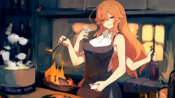 Rule 34 | 1girl, alcohol, apron, bare arms, bare shoulders, black apron, blurry, blurry background, bottle, breasts, commentary request, commission, cooking, extra arms, fire, fire, frying pan, grin, hair between eyes, highres, holding, indoors, kitchen, lansane, large breasts, long hair, looking at viewer, one eye closed, orange hair, original, pot, quadriri (lansane), shirt, skeb commission, smile, solo, white shirt, wine, wine bottle