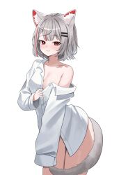 Rule 34 | 1girl, animal ear fluff, animal ears, blush, breasts, cat ears, cat girl, cat tail, grey hair, highres, long sleeves, looking at viewer, medium breasts, multicolored hair, naked shirt, nannung, neneko mashiro, no pants, off shoulder, partially unbuttoned, red hair, shirt, short hair, simple background, sleeves past fingers, sleeves past wrists, stellive, streaked hair, tail, two-tone hair, virtual youtuber, white background, white shirt