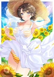 Rule 34 | 1girl, absurdres, ahoge, aqua eyes, bare shoulders, bikini, bikini under clothes, breasts, brown hair, cleavage, clothes lift, collarbone, cowboy shot, dress, flower, grin, hand on headwear, hat, highres, hololive, looking at viewer, medium breasts, oozora subaru, oozora subaru (hololive summer 2019), see-through, see-through dress, short hair, skirt, skirt lift, sky, smile, solo, straw hat, striped bikini, striped clothes, sun hat, sundress, sunflower, suzukichi (user pwmc7427), swimsuit, virtual youtuber, white dress, wind, wind lift