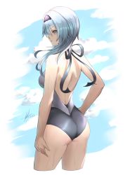 Rule 34 | 1girl, 2021, absurdres, animatrix, ass, backless swimsuit, blue hair, brown eyes, cropped legs, dated, eula (genshin impact), floating hair, genshin impact, grey one-piece swimsuit, hair between eyes, hairband, hand on own hip, highres, long hair, one-piece swimsuit, open mouth, ponytail, purple hairband, shoulder blades, signature, solo, standing, swimsuit
