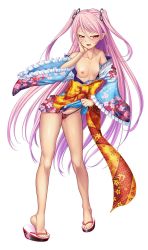 Rule 34 | 1girl, alternate costume, bare legs, blush, breasts, collarbone, demon girl, feet, felicia (taimanin kurenai), full body, geta, highres, japanese clothes, kimono, kiss, lilith-soft, long hair, looking at viewer, naughty face, nipples, official alternate costume, official art, pants, pink hair, pointy ears, pussy juice, red eyes, red pants, shiny skin, small breasts, smile, solo, sweat, taimanin (series), taimanin kurenai, taimanin rpgx, thong, twintails, two side up, very long hair, weapon, zol