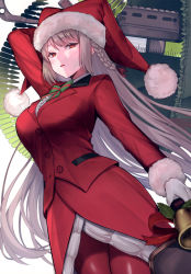 Rule 34 | 1girl, absurdres, adjusting clothes, adjusting headwear, bow, braid, breasts, buttons, christmas, closed mouth, dress, fate/grand order, fate (series), florence nightingale (fate), florence nightingale (santa) (fate), gloves, green bow, grey hair, hair between eyes, hat, highres, long hair, looking at viewer, medium breasts, multicolored bow, pantyhose, red bow, red dress, red eyes, santa costume, santa hat, shirt, simple background, smile, solo, suzuho hotaru, very long hair, white gloves, white shirt