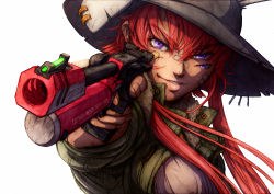 Rule 34 | 1girl, animal ears, bad id, bad pixiv id, bandaid, bandaid on face, borrowed character, extra eyes, gun, handgun, hat, imizu (nitro unknown), jacket, long hair, looking at viewer, md5 mismatch, open clothes, open jacket, original, purple eyes, rabbit ears, red hair, shirt, smirk, solo, upper body, weapon