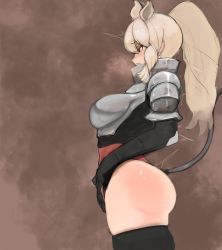 Rule 34 | 1girl, ^^^, animal ears, armor, blonde hair, blush, boobplate, breastplate, breasts, brown eyes, from side, gorget, highres, kemono friends, large breasts, leotard, long hair, open mouth, pauldrons, ponytail, rhinoceros ears, shibori kasu, shoulder armor, sideboob, solo, sweat, tail, thick thighs, thighhighs, thighs, white rhinoceros (kemono friends)