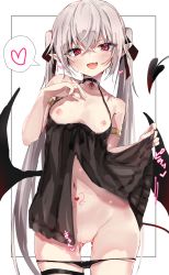 Rule 34 | 1girl, absurdres, armlet, babydoll, babydoll lift, black babydoll, black panties, black ribbon, black wings, blush, breasts, breasts out, cowboy shot, crossed bangs, demon girl, demon tail, demon wings, fang, grey hair, hair ribbon, hand up, heart, highres, lifting own clothes, long hair, looking at viewer, navel, nipples, no pants, open mouth, original, paid reward available, panties, panty pull, pointy ears, pussy, pussy juice, ribbon, simple background, skin fang, small breasts, solo, spoken heart, standing, stomach tattoo, sweat, tail, tattoo, thigh strap, toshizou (0714), twintails, uncensored, underwear, very long hair, white background, wings
