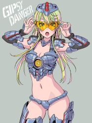 Rule 34 | 1girl, :o, adjusting eyewear, armor, bikini armor, blonde hair, blue nails, boots, breasts, cannon, chest cannon, cleavage, cowboy shot, directed-energy weapon, elbow gloves, energy, energy cannon, energy weapon, fingernails, gauntlets, gipsy danger, gloves, glowing, greaves, grey background, jaeger (pacific rim), legendary pictures, long hair, looking at viewer, mecha, mecha musume, medium breasts, multicolored hair, nail polish, nuclear vortex turbine, open mouth, pacific rim, pan pacific defense corps, pauldrons, personification, robot, shoulder armor, simple background, solo, standing, sunglasses, thigh boots, thighhighs, two-tone hair, yamashita shun&#039;ya