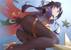 Rule 34 | 1girl, absurdres, aqua eyes, ass, asymmetrical bangs, black pantyhose, blush, bow, breasts, cape, from below, genshin impact, hair bow, hair ornament, high heels, highres, legs, looking at viewer, mona (genshin impact), painnico, pantyhose, purple hair, small breasts, solo, star (symbol), star hair ornament, thighlet, thighs, twintails