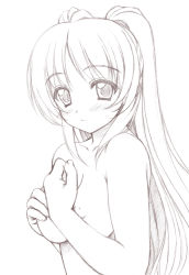 Rule 34 | 00s, 1girl, blush, breasts, completely nude, covering privates, covering breasts, greyscale, kousaka tamaki, long hair, monochrome, nude, nude cover, simple background, sin-go, solo, to heart (series), to heart 2, white background