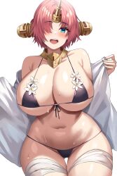 Rule 34 | 1girl, absurdres, alternate breast size, bare shoulders, bikini, black bikini, blue eyes, blush, breasts, cleavage, fate/grand order, fate (series), frankenstein&#039;s monster (fate), hair over one eye, highres, jasony, large breasts, looking at viewer, micro bikini, navel, one eye covered, open clothes, open mouth, open shirt, shirt, short hair, sideboob, simple background, smile, solo, stomach, swimsuit, thigh gap, thighs, underboob, white background, white shirt