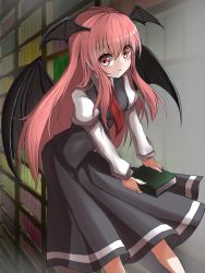 Rule 34 | 1girl, annoyed, bat wings, black skirt, black vest, blush, book, bookshelf, closed mouth, eyelashes, feet out of frame, flying, furrowed brow, hair between eyes, head wings, highres, holding, holding book, indoors, juliet sleeves, kayon (touzoku), koakuma, leaning forward, library, long hair, long sleeves, looking at viewer, necktie, pointy ears, puffy sleeves, red eyes, red hair, red necktie, shirt, skirt, solo, touhou, very long hair, vest, voile, white shirt, wing collar, wings
