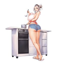 Rule 34 | 1girl, apron, ass, bad anatomy, bad id, bad twitter id, bare shoulders, breasts, cooking, full body, happy, huge ass, huge breasts, inactive account, kakiman, labiata (last origin), last origin, maid headdress, official art, open mouth, orange eyes, pot, short shorts, shorts, silver hair, slippers, smile, solo, standing, thighs, white background, wide hips