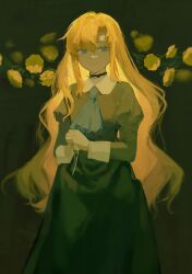 Rule 34 | 1girl, ascot, blonde hair, blue ascot, blue eyes, choker, dress, flower, green background, green dress, highres, ib (kouri), long hair, long sleeves, looking at viewer, mary (ib), own hands together, puffy long sleeves, puffy sleeves, sidelocks, smile, solo, tomakary03, upper body, very long hair, yellow flower