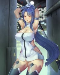 Rule 34 | 1girl, absurdres, alley, armpits, arms up, ass, axe, bare legs, battle axe, blue hair, bodysuit, breasts, building, city, cleavage, cleavage cutout, clothing cutout, curvy, dress, high ponytail, highres, hime cut, hip vent, holding, holding weapon, huge ass, large breasts, long hair, night, night sky, ponytail, red eyes, road, short dress, sidelocks, simple background, skin tight, skindentation, sky, street, taimanin (series), taimanin asagi, taimanin murasaki, taimanin suit, thighhighs, very long hair, warmcummies, weapon, wide hips, yatsu murasaki