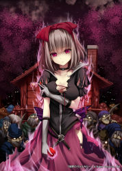 Rule 34 | 1girl, akkijin, apple, aura, breasts, brown hair, cleavage, darkness, dress, dwarf, food, fruit, hair ribbon, house, looking at viewer, night, night sky, parted lips, puff and slash sleeves, puffy sleeves, red eyes, red ribbon, ribbon, shinkai no valkyrie, sky, snow white, snow white (shinkai no valkyrie), solo focus, standing, torn clothes