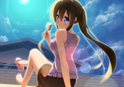 Rule 34 | 1girl, arm support, bad id, bad pixiv id, bare legs, barefoot, blue eyes, blue sky, blush, breasts, brick wall, brown hair, building, cloud, cloudy sky, feet, food, highres, holding, house, ice cream, lens flare, long hair, looking back, medium breasts, original, ponytail, raivu, revision, sandals, shoe dangle, shoes, single shoe, sitting, skirt, sky, solo, toes