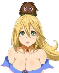 Rule 34 | 1girl, bare shoulders, blonde hair, breasts, cleavage, dark magician girl, duel monster, female focus, green eyes, highres, kuriboh, large breasts, long hair, looking at viewer, open mouth, solo, upper body, yu-gi-oh!