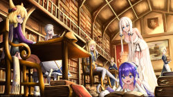 Rule 34 | 6+girls, :/, :d, :o, apron, arms behind back, artist name, azur lane, belfast (azur lane), bespectacled, blonde hair, blue eyes, blush, book, book stack, breasts, brown eyes, chair, closed eyes, closed mouth, collarbone, commentary, crossed legs, crown, detached collar, dress, elbow gloves, english commentary, english text, epaulettes, frilled apron, frills, garter straps, glasses, gloves, hairband, head tilt, highres, hood (azur lane), ichi10art, illustrious (azur lane), indoors, kneehighs, large breasts, leaning forward, library, long hair, long sleeves, looking at viewer, lying, maid, mini crown, mole, mole under eye, multiple girls, no shoes, on floor, on stomach, open book, open mouth, purple eyes, purple hair, queen elizabeth (azur lane), quill, scarf, semi-rimless eyewear, sheffield (azur lane), shoes, sitting, smile, socks, standing, strapless, strapless dress, striped clothes, striped legwear, striped socks, table, thighhighs, under-rim eyewear, unicorn (azur lane), v-shaped eyebrows, vertical-striped clothes, vertical-striped legwear, vertical-striped socks, very long hair, warspite (azur lane), white apron, white dress, white footwear, white gloves, white hair, white scarf, yawning